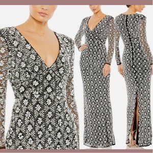 NEW $1,598 Mac Duggal [ 6‎ ] Fully Beaded Floral Pearls Column Gown Black